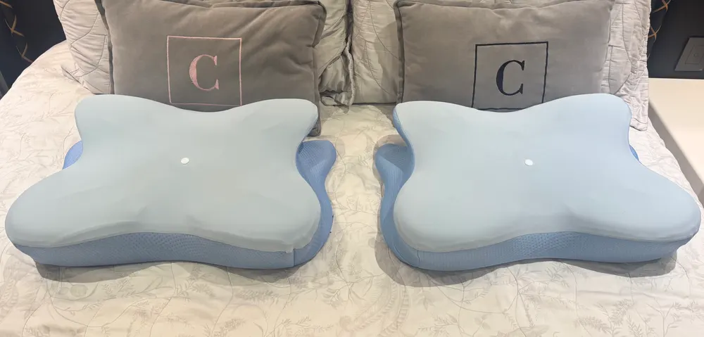 The two Derila Ergo pillows we own, photographed on our own bed
